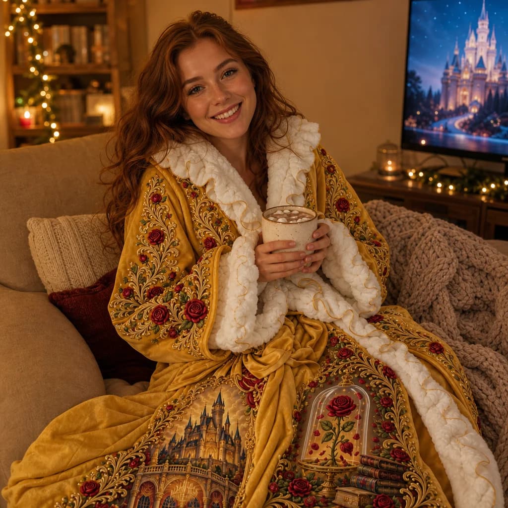 Emily R. wearing her princess heat robe